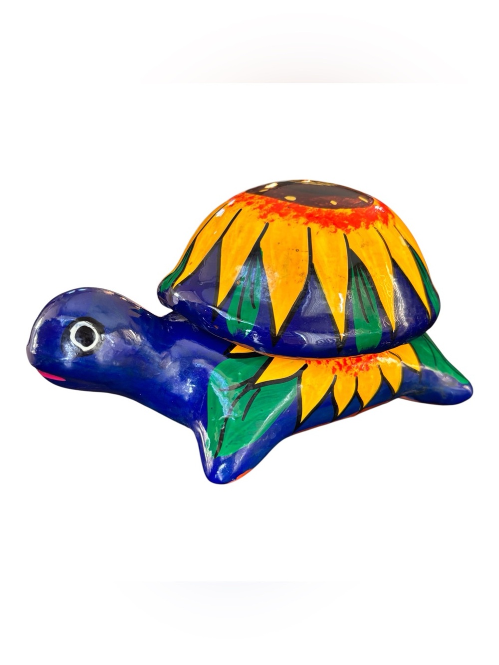 Turtle Trinket Box Talavera Pottery Sunflower 7"x4” Removable Lid Hand-Painted